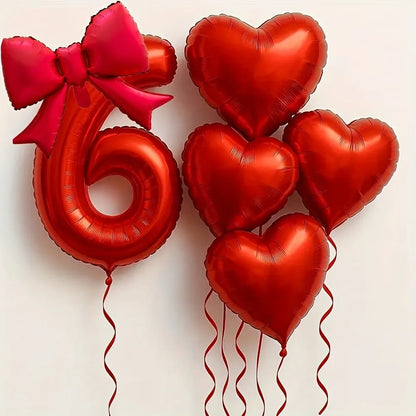 Red Heart Foil Balloons Set - 6PCS Birthday Wedding Anniversary Decoration with 32 Inch Numbers & Tassel Bows