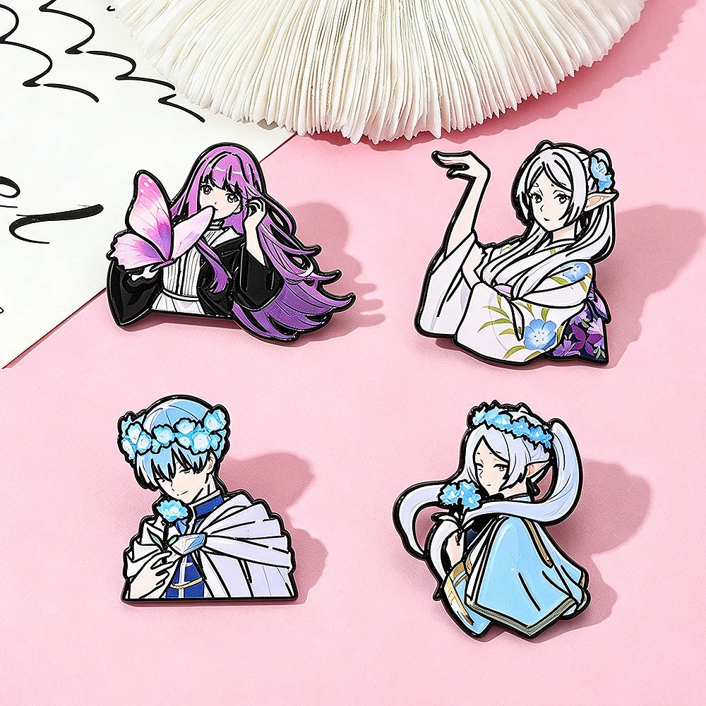 4-Piece Frieren: Beyond Journey’s End Enamel Pin Set - Anime Character Brooches Featuring Frieren, Himmel, Fern, and Stark