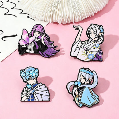 4-Piece Frieren: Beyond Journey’s End Enamel Pin Set - Anime Character Brooches Featuring Frieren, Himmel, Fern, and Stark