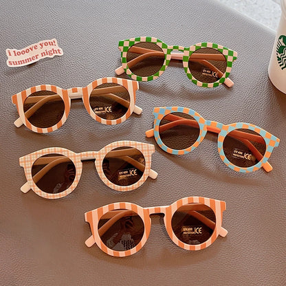 2023 Kids Checker Panel Round Sunglasses – Cute UV400 Sun Protection for Baby Girls & Children Outdoor Wear