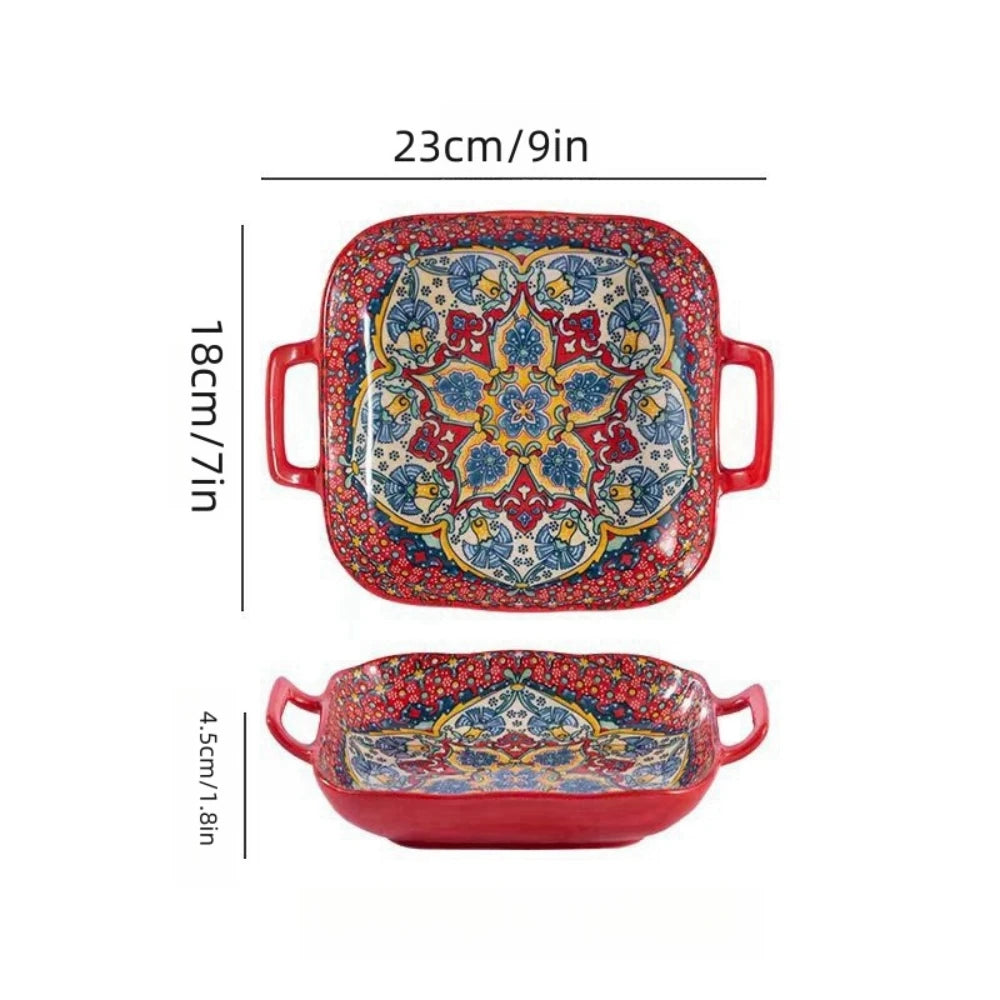 9-Inch Bohemian Style Ceramic Salad Plate with Double Ears — Oven & Microwave Safe Pasta Dish