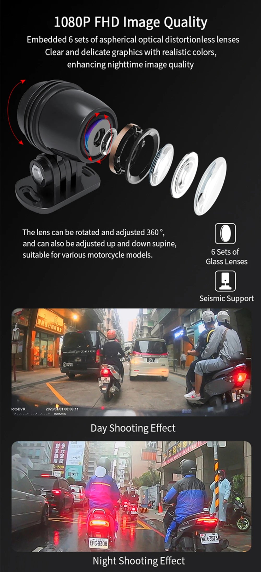 Dual 1080P Motorcycle DVR - Full Body Waterproof Camera with WiFi, GPS, Front and Rear Dash Cam Video Recorder Black Box