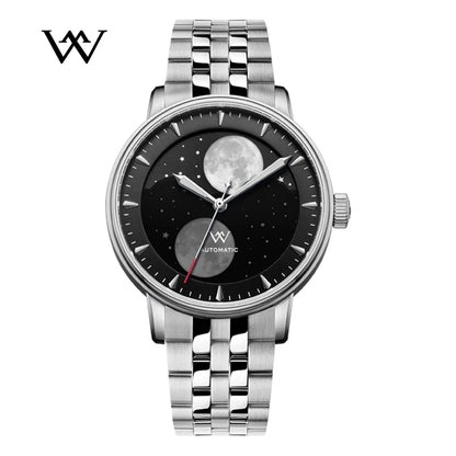WM Welly Merck Automatic Mechanical Men's Watch — Lunar Moon Phase, Sapphire, Waterproof, Luminous Twin Moons WM142