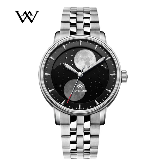 WM Welly Merck Automatic Mechanical Men's Watch — Lunar Moon Phase, Sapphire, Waterproof, Luminous Twin Moons WM142