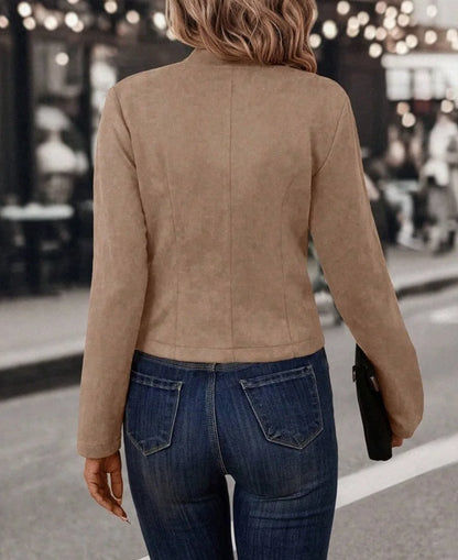 Women's Double-Breasted Blazer Coat – Stand Collar, Slim Fit, Long Sleeves Retro Jacket for Spring & Autumn