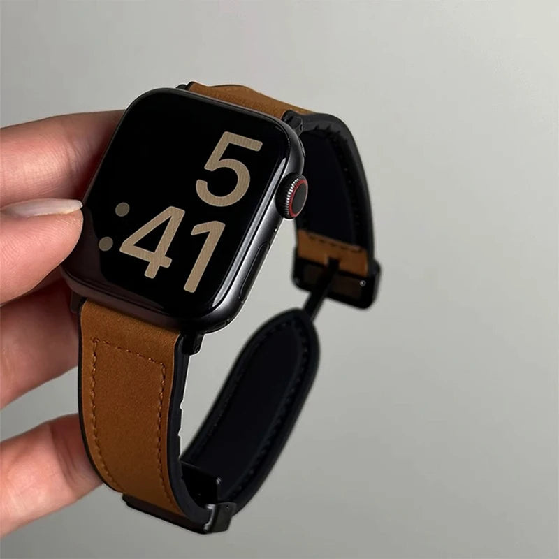 Leather Strap for Apple Watch – Compatible with Series 5-10, Ultra, SE, 40-49mm, Men’s Silicone & Leather iWatch Band