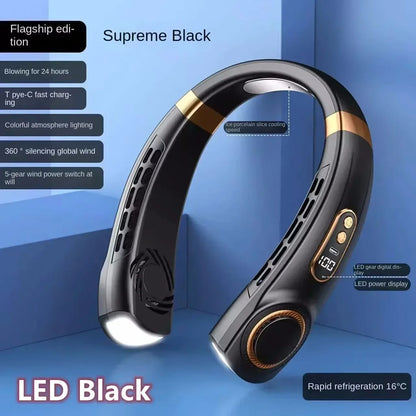 8000mAh USB Neck Fan - Portable Bladeless Rechargeable Cooling Fan with LED Display for Outdoor & Handheld Use