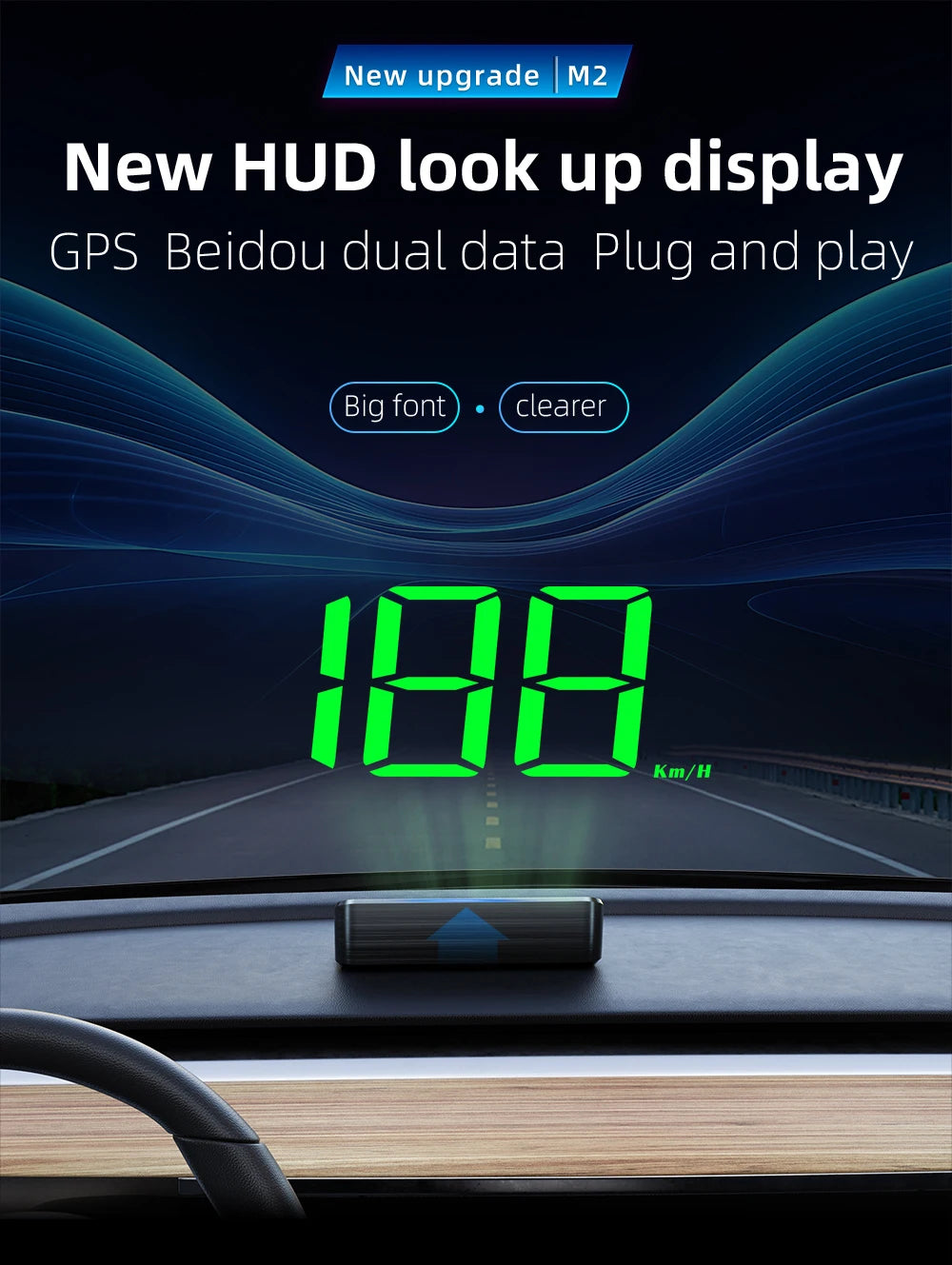 M2 Head-Up Display Digital Speedometer GPS HUD – Plug & Play Windshield Projector with Large KMH Font for All Cars