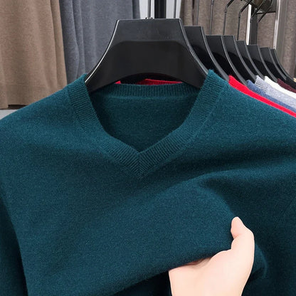 Men's V-Neck Knit Sweater - Solid Color Warm Elastic Oversized Autumn Pullover Casual Top