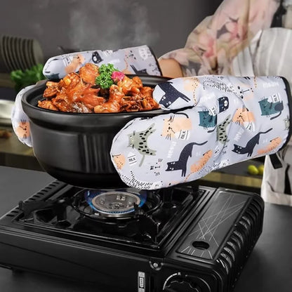 2PCS Cat Print Microwave Oven Mitts – Thickened Heat-Resistant Soft Cotton Gloves for Baking & Kitchen Use