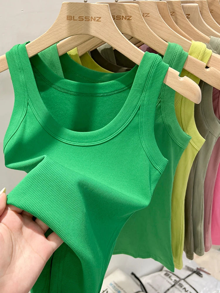 Women’s Ribbed Tank Top Camisole – Solid Color Round Neck Elastic O-Neck Basic Summer Sleeveless Top
