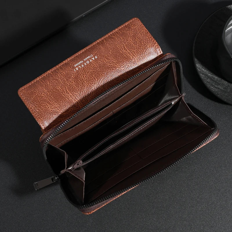 Men's PU Leather Zipper Wallet – Large Capacity Clutch Bag with Phone Holder, Card Slots & Coin Pocket