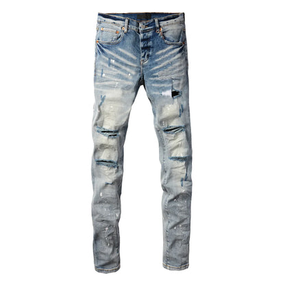2025 Men’s High Street Ripped Skinny Jeans — Low Rise Blue Distressed Denim Fashion Repair Trousers 9003