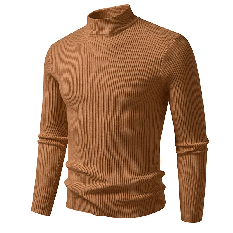 Men's Mock Neck Pullover Sweater - Striped High Neck Long Sleeve Winter Warm Casual Knitwear