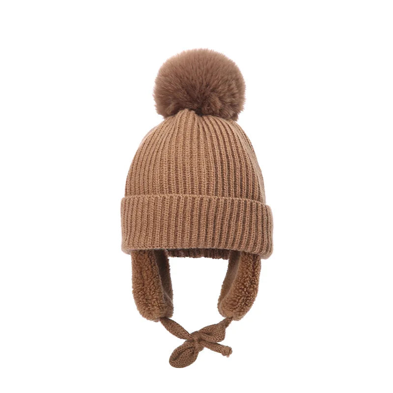 Winter Baby Beanie Hat with Pompom & Earflaps – Thick Wool Plush Knitted Cap for Girls & Boys, Ages 2-8T