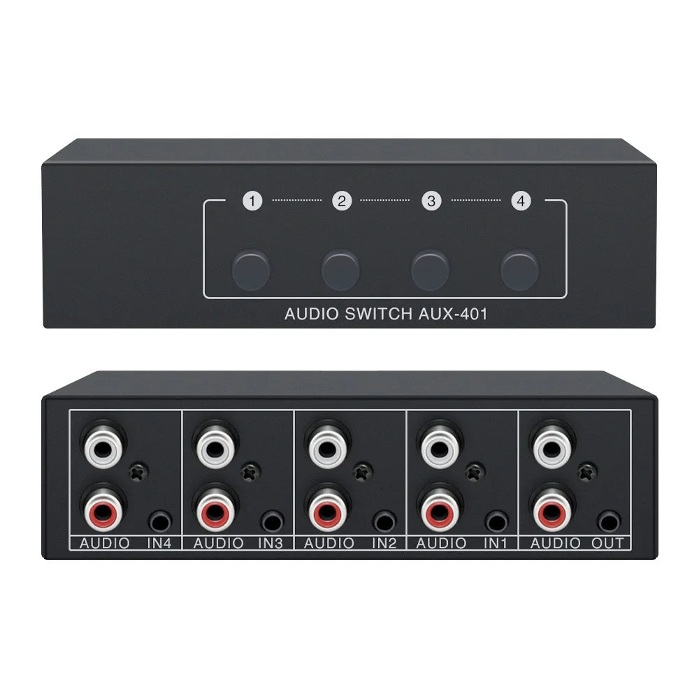4-in-1 RCA AUX Audio Switcher - Passive Stereo Input Selector Box with 3.5mm & L/R RCA Output