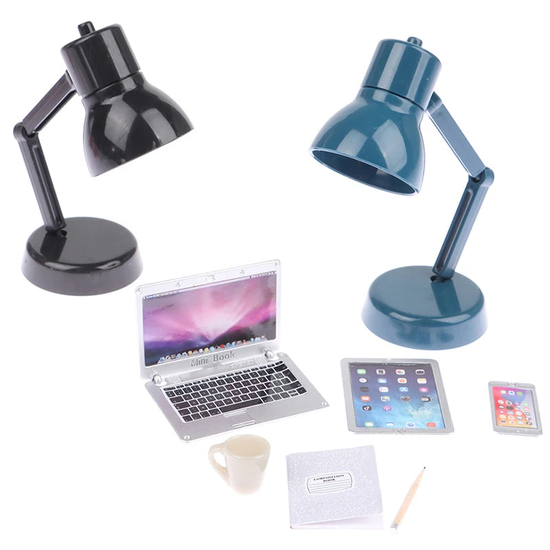 6–7PCS 1:12 Dollhouse Miniature Study Desk Set — Laptop, Phone, Tablet, Lamp & Books Scene Decor