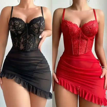 Transparent Underwire Bra & Lingerie Set — Sexy See-Through Lace Nightdress Pajamas for Women