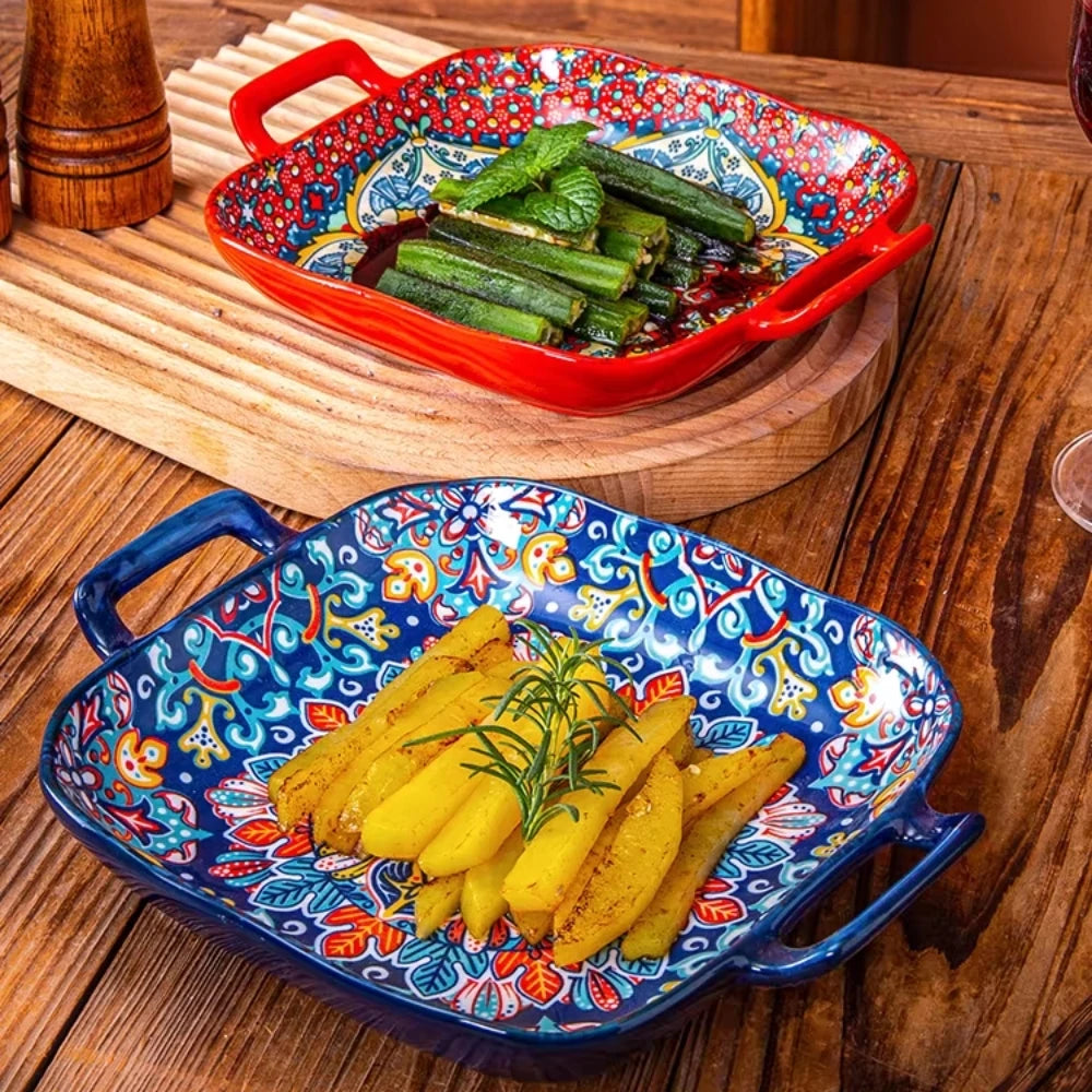 9-Inch Bohemian Style Ceramic Salad Plate with Double Ears — Oven & Microwave Safe Pasta Dish