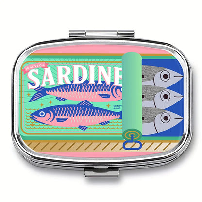 Cute Sardines Metal Pill Case - Portable 2-Compartment Mini Medicine Organizer for Pocket & Purse