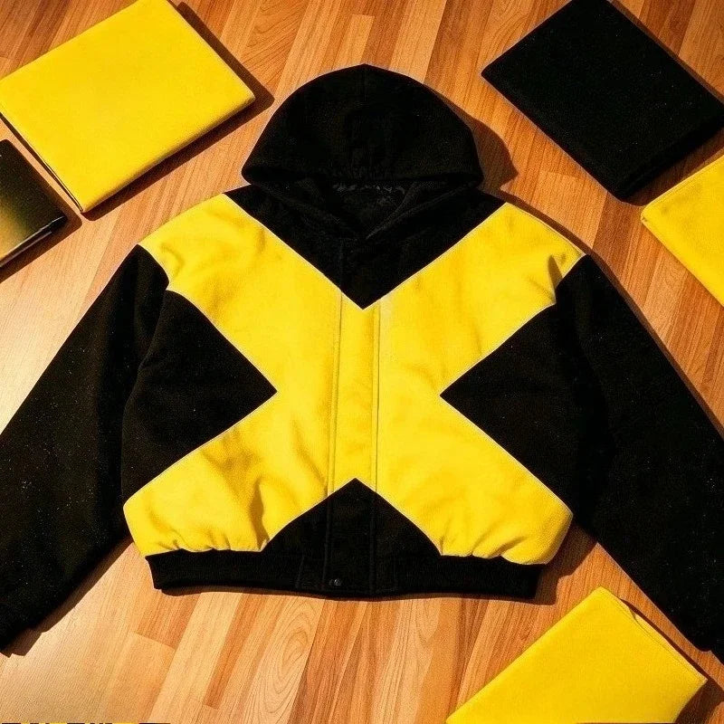2026 Black & Yellow Cross Jacket - American High Street Loose Fit Stand Collar Zipper Cardigan Jacket