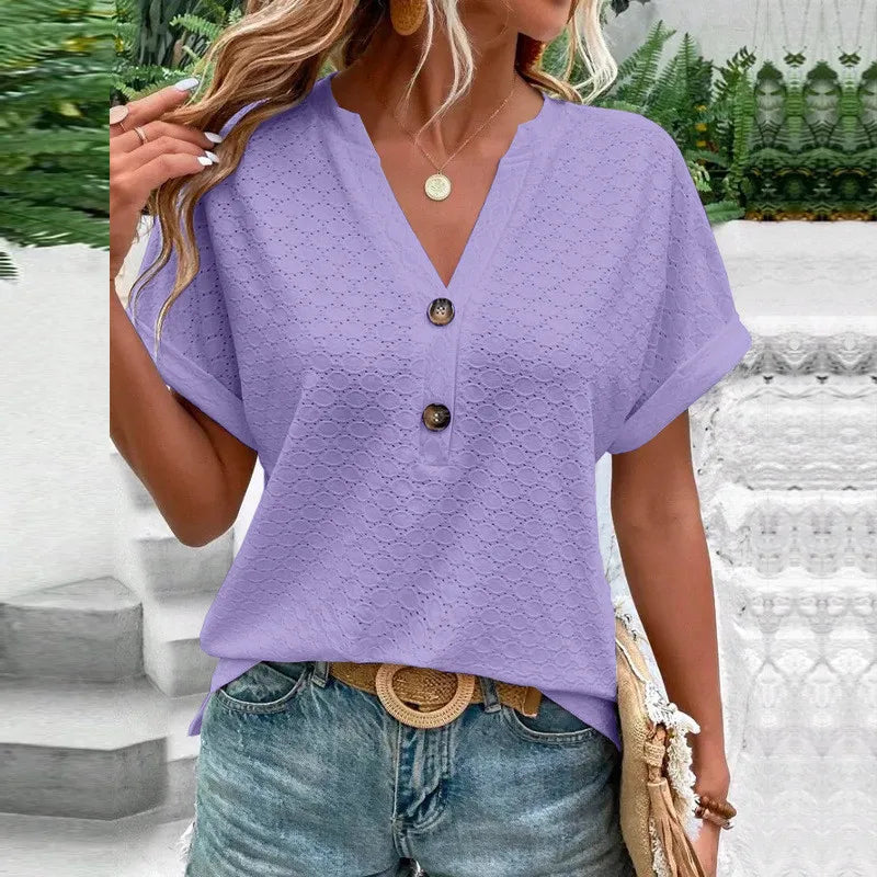 2023 Women's Jacquard V-Neck Blouse – Casual Button-Up, Loose Fit Short Sleeve Oversized Summer Shirt
