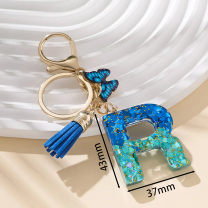 Royal Blue Butterfly Initial Keychain - Alloy Alphabet Letter & Tassel Backpack Charm