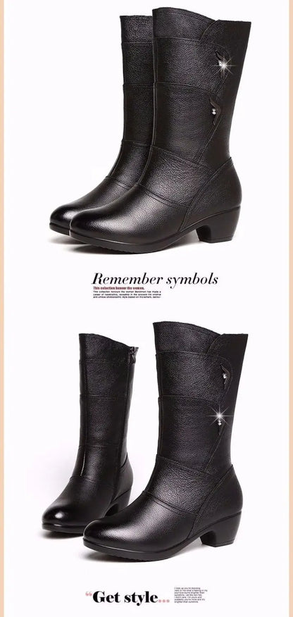 2024 Women’s Fashion Mid-Calf Boots – Waterproof Leather, Anti-Slip Zipper Winter Footwear