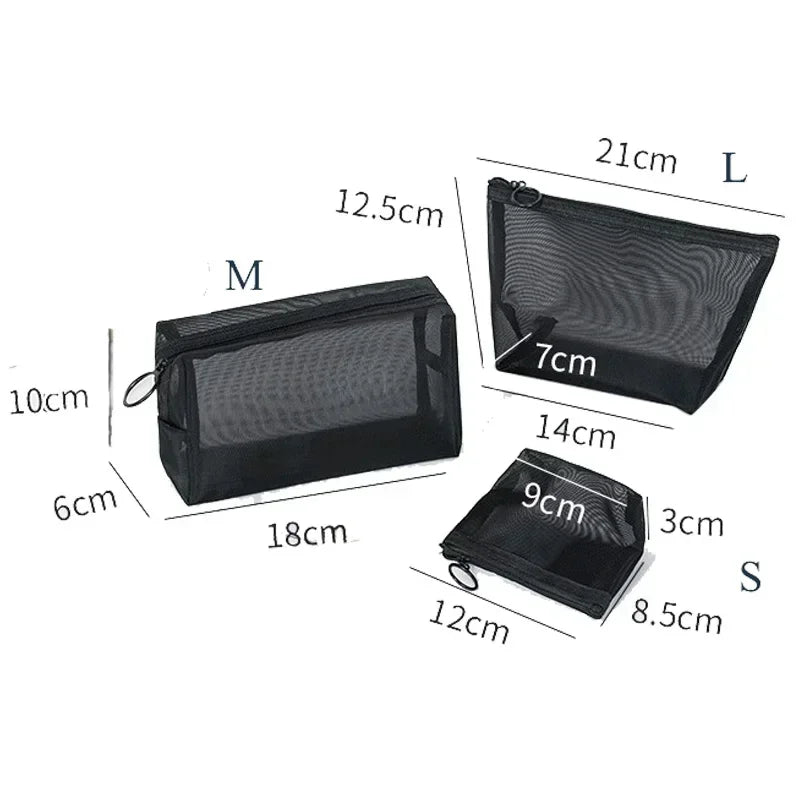 Transparent Mesh Zipper Cosmetic Bag – Fashionable Black Toiletry Organizer, Small & Large Makeup Pouch for Women