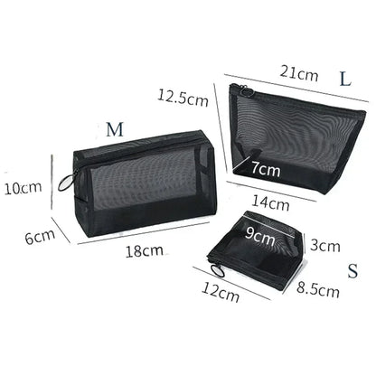 Transparent Mesh Zipper Cosmetic Bag – Fashionable Black Toiletry Organizer, Small & Large Makeup Pouch for Women