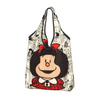 Anime Mafalda Cartoon Grocery Tote Bag – Large Capacity Fashion Shopper Shoulder Handbag, Portable Kawaii Canvas Bag for Everyday Use