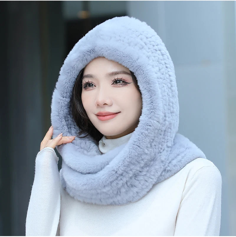 2025 Women’s Knitted Rex Rabbit Fur Hat – Hooded Scarf with Neck Collar, Long Winter Warm Fur Hat & Scarf Set