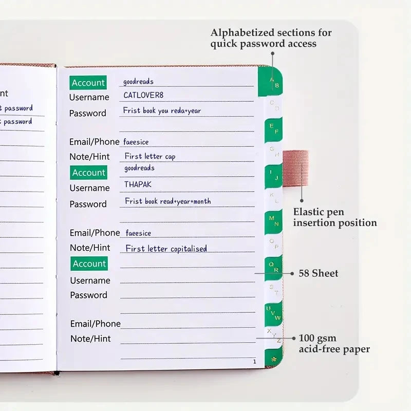 Hardcover Password Book with Alphabetical Tabs – Secure Notebook for Office & School Supplies