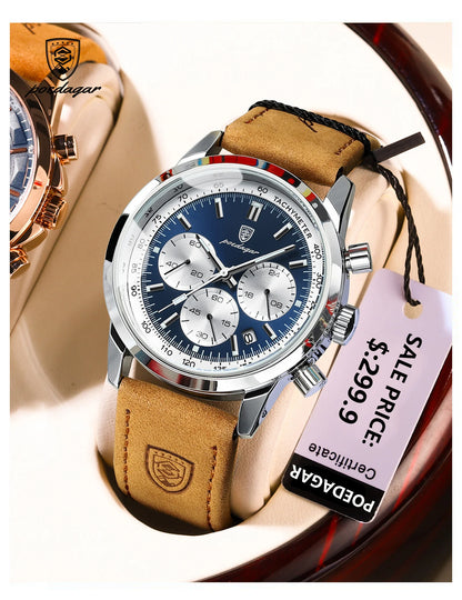 POEDAGAR Men's Luxury Sports Watch – Genuine Leather, Chronograph, Waterproof, Luminous Quartz Wristwatch
