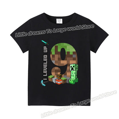 Miner Crafting Birthday Number T-Shirt – Cartoon Summer Short Sleeve Tops for Boys Party Gift