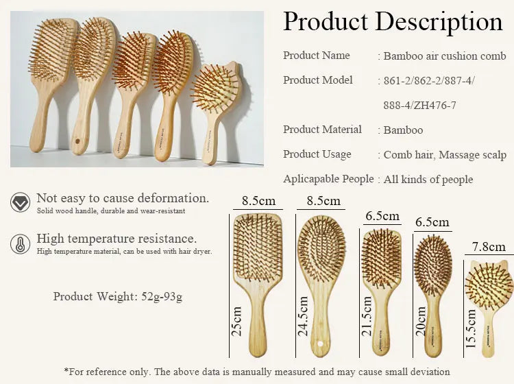 Bamboo Hair Brush with Wide Teeth & Air Bag - Smooth Scalp Massage Comb for Women Hairdressing Styling Tools