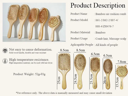 Bamboo Hair Brush with Wide Teeth & Air Bag - Smooth Scalp Massage Comb for Women Hairdressing Styling Tools