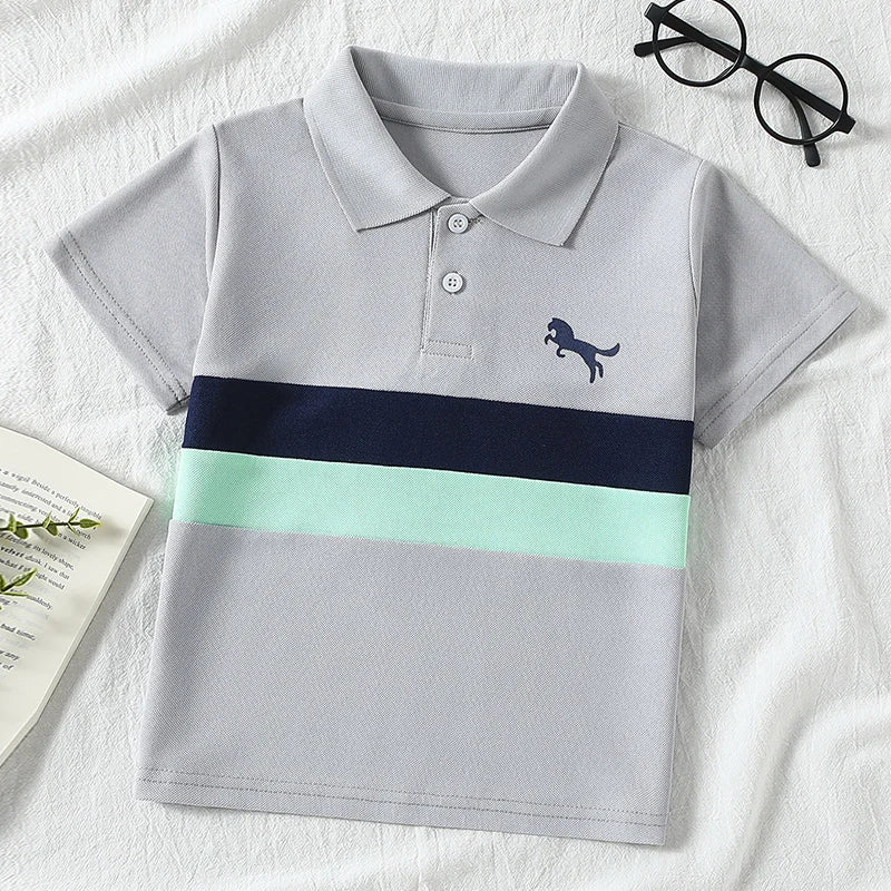 Boys' Striped Polo T-Shirt - Casual Short-Sleeve Lapel Top for Kids