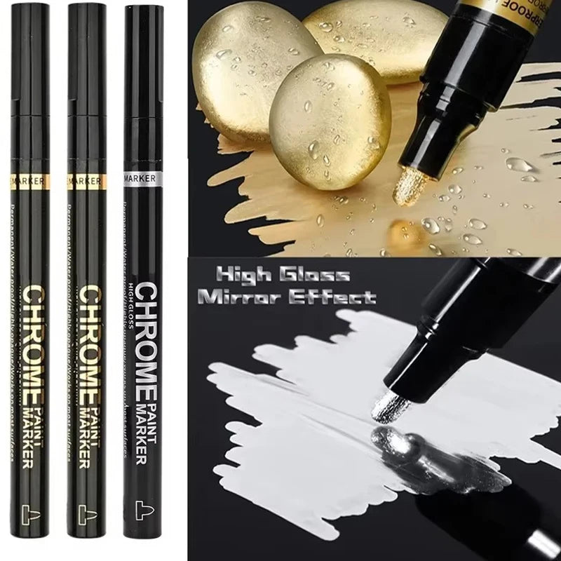 Chrome Paint Marker Pen - Waterproof Gold & Silver Metallic Repair Marker for Glass, Ceramic, Rock & Metal, 2mm Nib