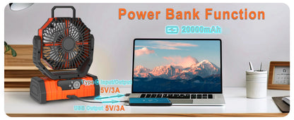 20000mAh / 10000mAh USB Rechargeable Camping Fan — Portable Wireless Air Circulator with 270° Rotating Head & Hook