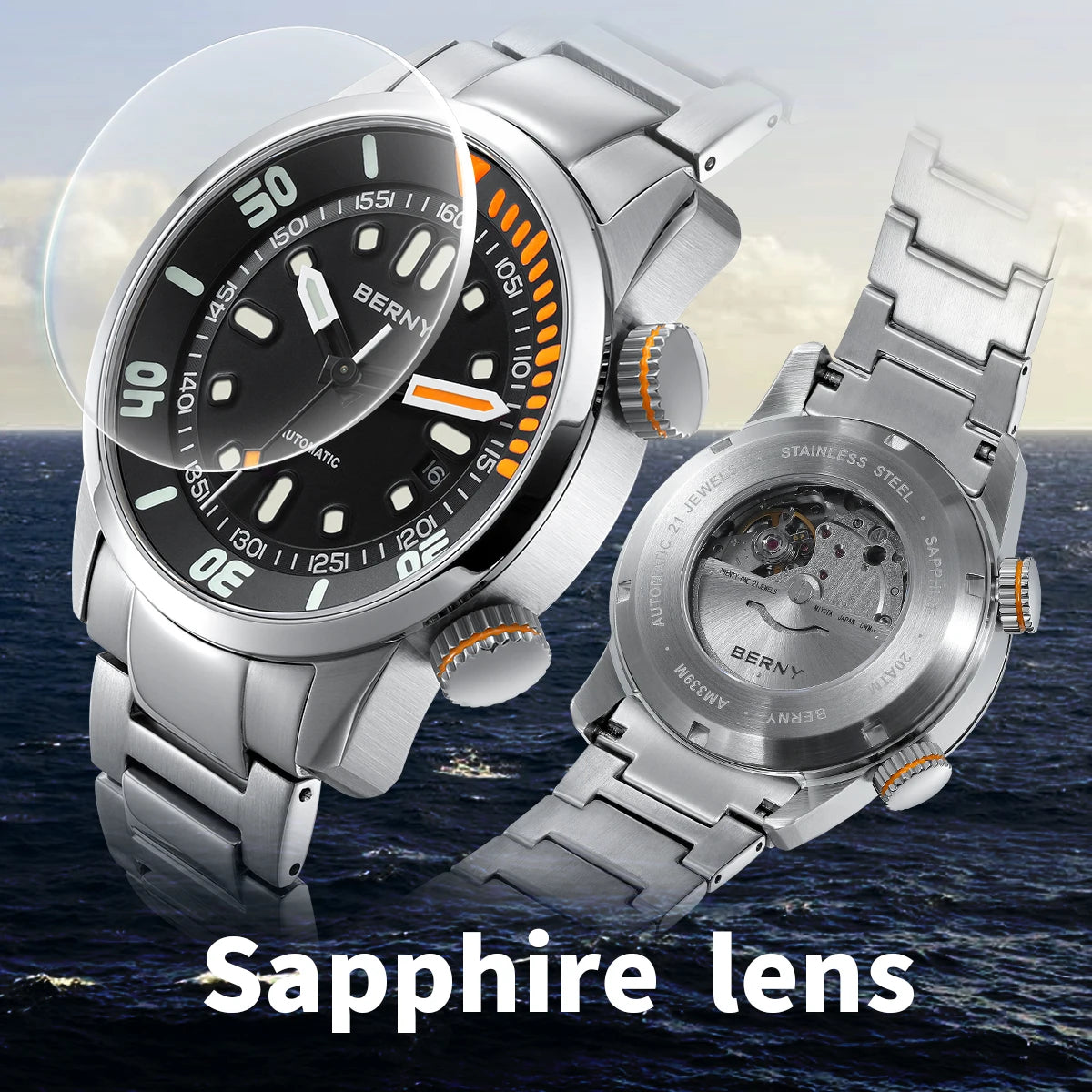 BERNY Automatic Men's Dive Watch – Super Luminous 20ATM Sapphire Wristwatch