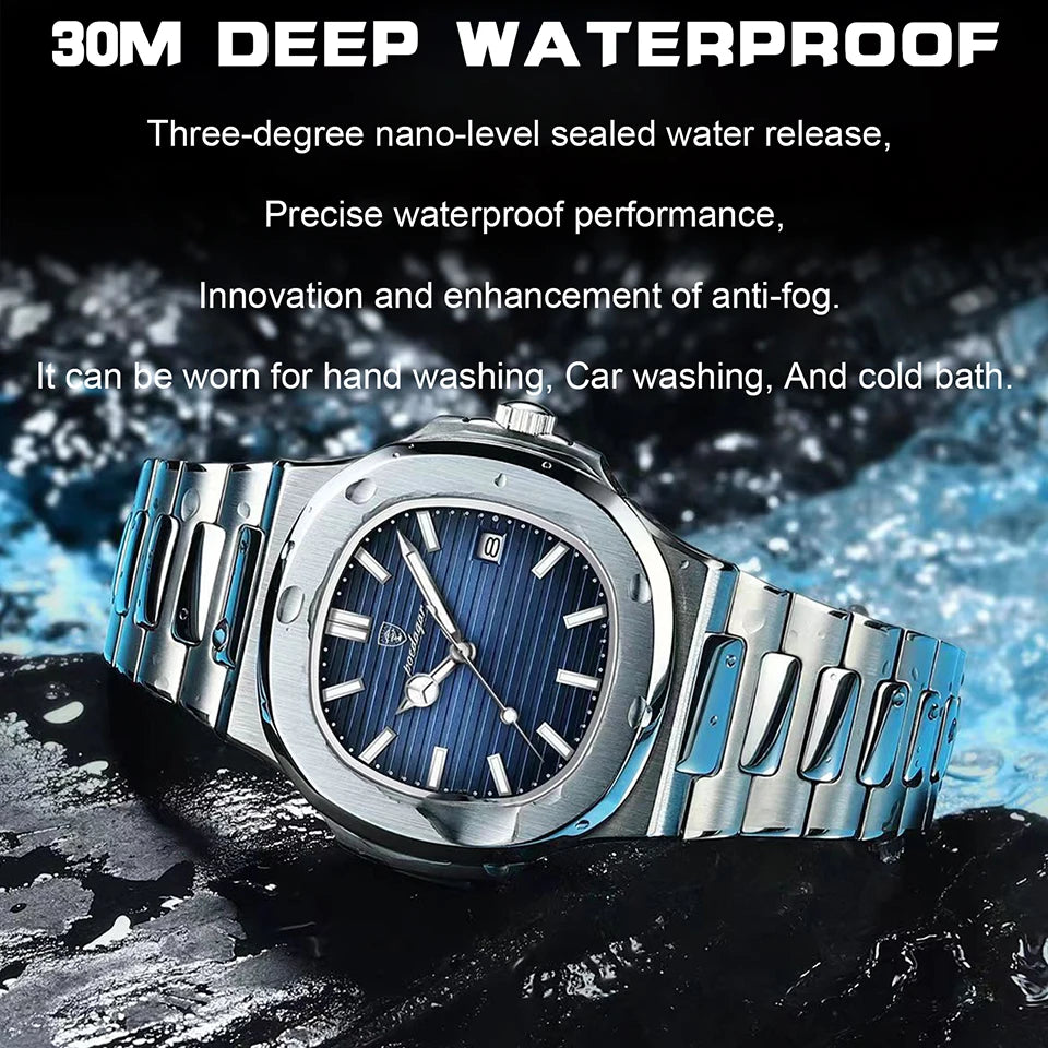 POEDAGAR Luxury Men's Watch – 30ATM Waterproof, Stainless Steel Square Quartz, Luminous Date, Business reloj hombre