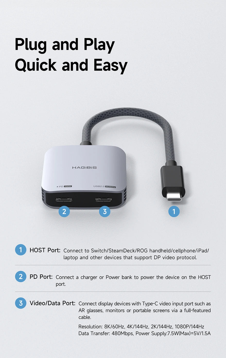 Hagibis AR Glasses Adapter USB-C Hub — Charging & Play Converter for Switch, Rokid, Xreal, RayNeo Air
