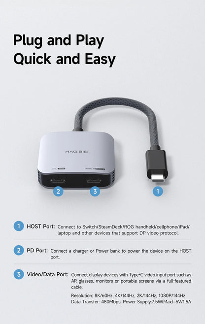 Hagibis AR Glasses Adapter USB-C Hub — Charging & Play Converter for Switch, Rokid, Xreal, RayNeo Air