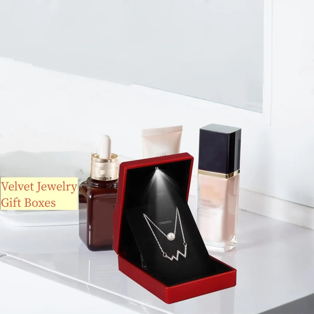 Pendant Box with LED Light - Velvet Jewelry Case, Square Shaped Gift Box for Engagement and Proposal Necklaces
