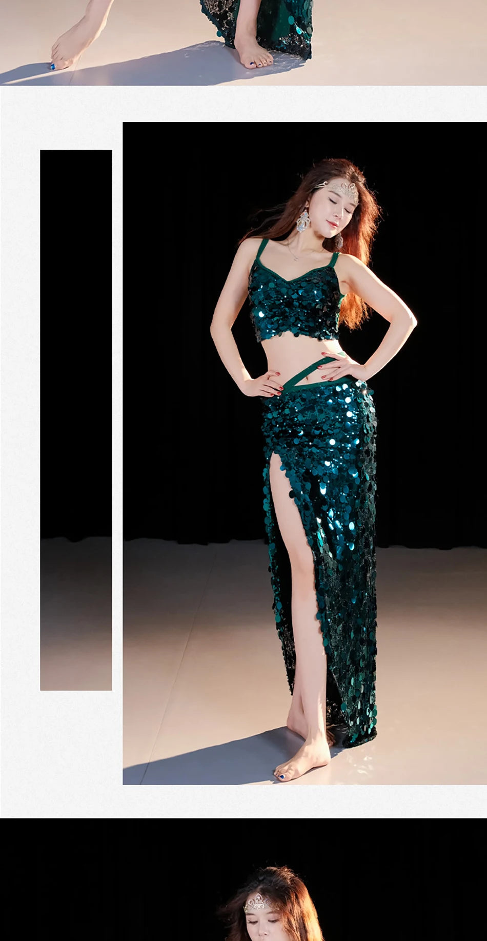 2-Piece Belly Dance Costume Set for Women – Sexy Sequin Top & Skirt Outfit for Stage Performance & Training