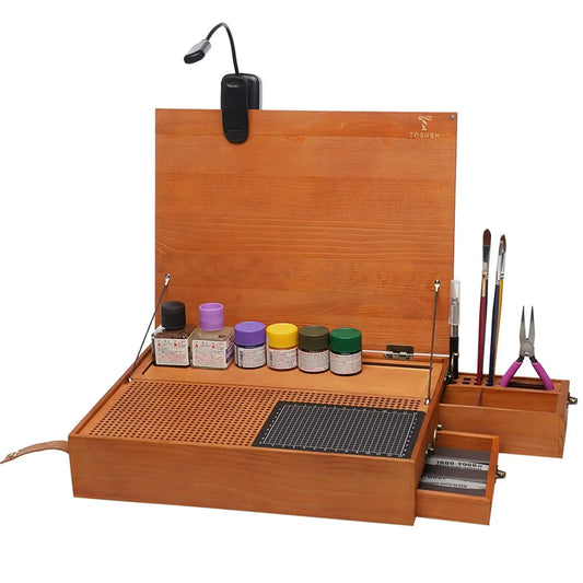 Hobby Work Table for Model Building – Portable Organizer with Cutting Mat, Workbench Light for Polishing, Coloring & Model Making