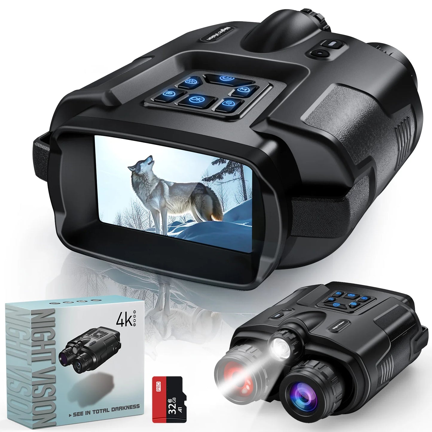 4K Night Vision Binoculars with 32GB, 8X Digital Zoom & Infrared Goggles – 3” Screen Tactical Hunting & Camping