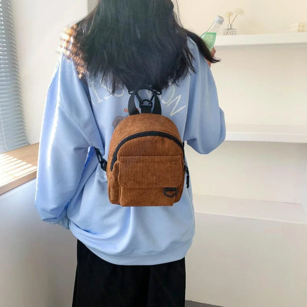 Women's Mini Backpack - Fashionable Solid Color Corduroy Casual Schoolbag with Large Capacity