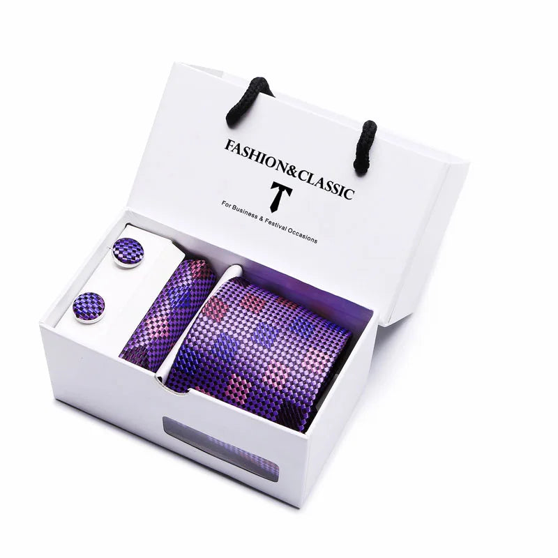 Black Paisley Tie Set - Men's Necktie, Pocket Square & Cufflinks Gift Box for Weddings & Formal Wear